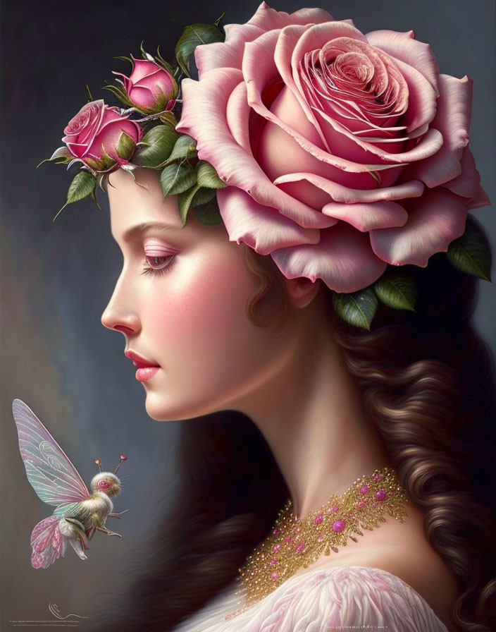 Digital artwork of a woman with rose wreath and fairy creature.