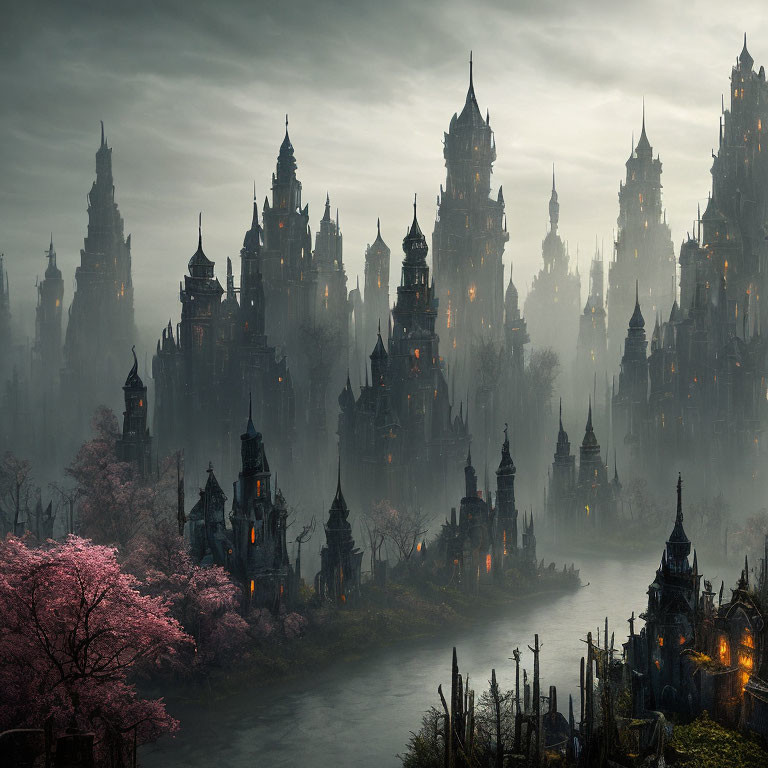 Fantasy landscape with gothic spires, river, and blooming tree