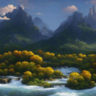 Mystical landscape with twisted trees, tranquil waters, moss-covered ground, and towering mountains under dus