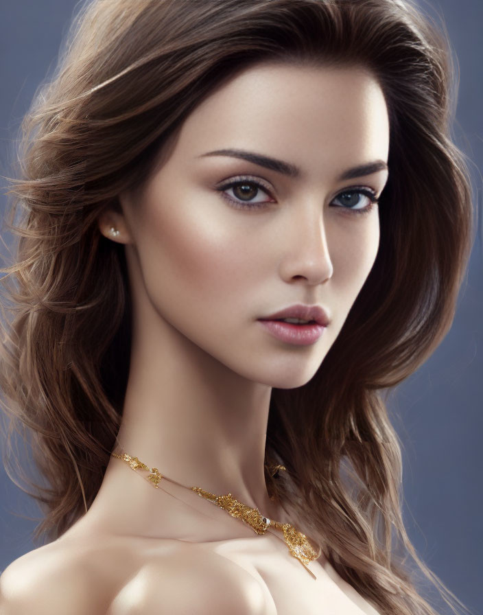 Portrait of woman with flowing brown hair, blue eyes, and golden necklace.