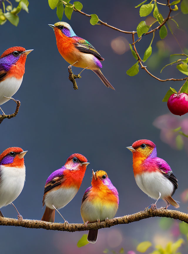 Six Colorful Birds Perched on Branches with Green Leaves and Small Fruits