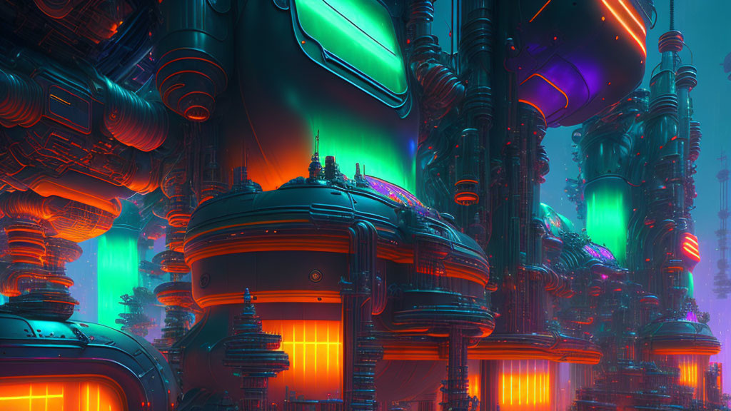 Futuristic neon-lit cityscape with intricate machinery at twilight