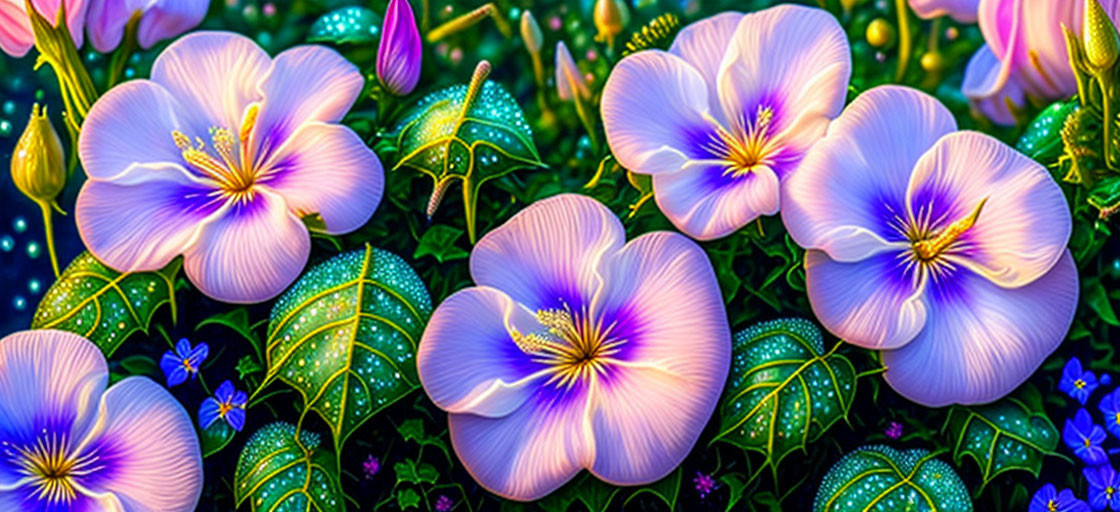 Purple-Blue Flowers with Yellow Centers in Lush Greenery