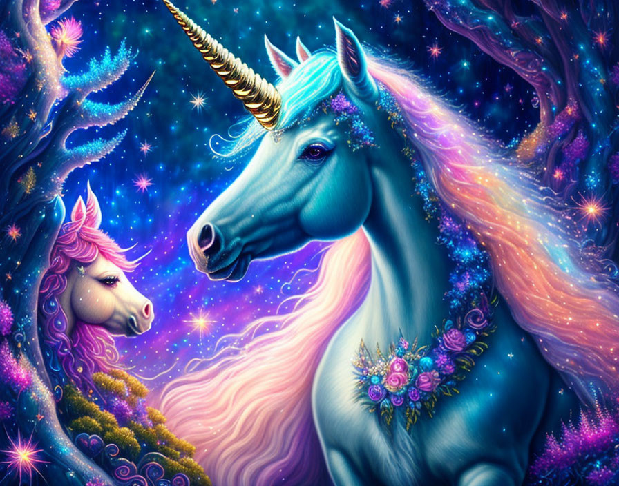 Colorful Unicorn Illustration with Sparkling Manes in Cosmic Setting