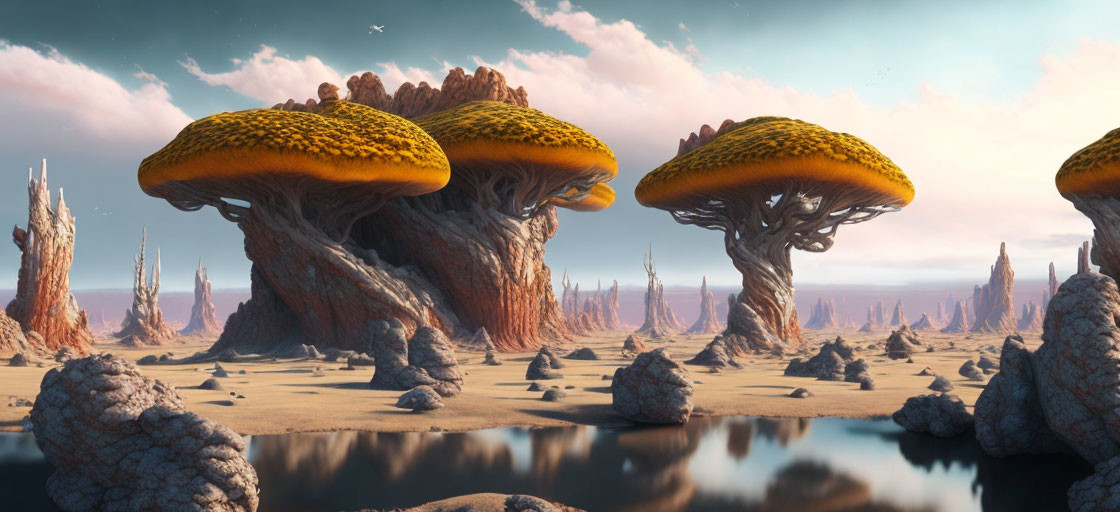 Surreal desert landscape with towering mushroom-shaped structures