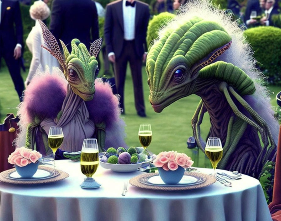 Green reptilian creatures in elegant attire conversing at fancy outdoor event