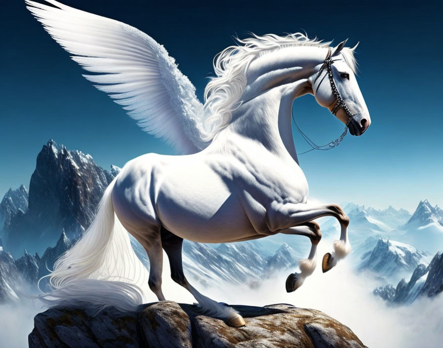 White Pegasus with large wings on mountaintop under blue sky