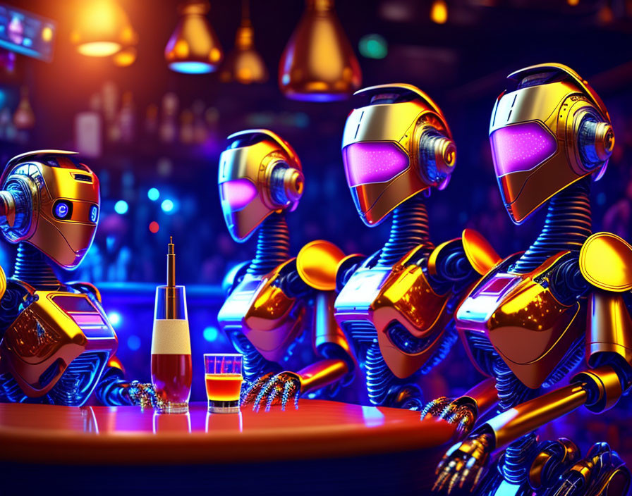 Futuristic robots at a bar with colorful lighting in social setting