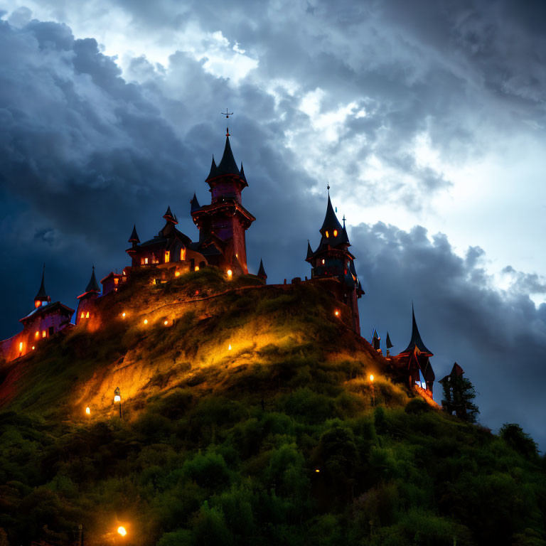 Majestic castle with spires on hill under cloudy night sky