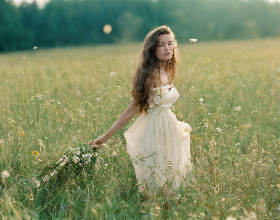 Young woman in white dress with wildflower bouquet in sunlit meadow