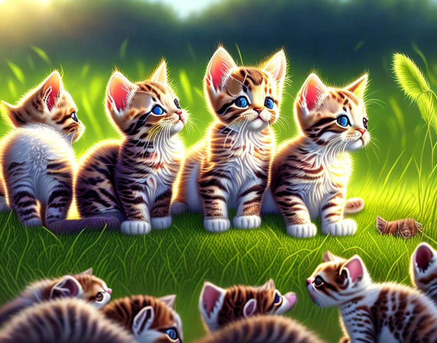 Four Striped Kittens Sitting in Grassy Field with Curious Expression