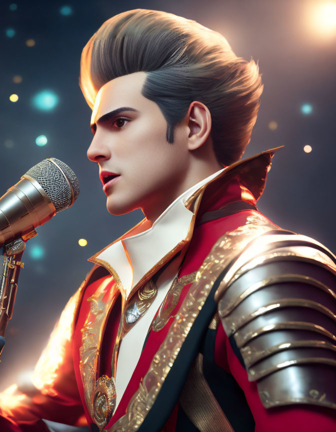 Stylized 3D illustration of performer with Elvis-inspired hairstyle in red jacket with silver armor-like