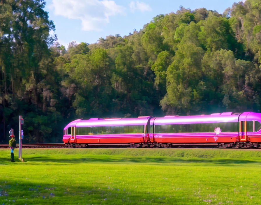 Magenta Train in Green Landscape on Clear Day