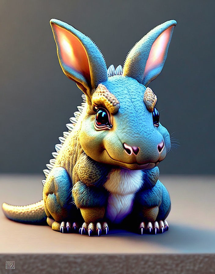 Whimsical creature with large ears, blue skin, sharp claws, and dragon-like spines