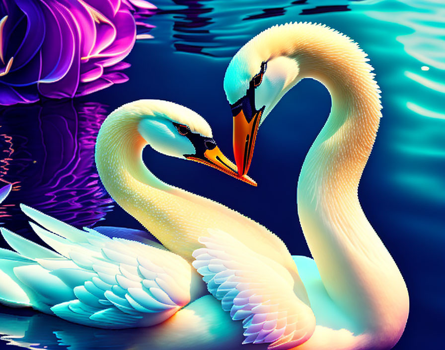 Swans Form Heart Shape on Serene Water with Colorful Background