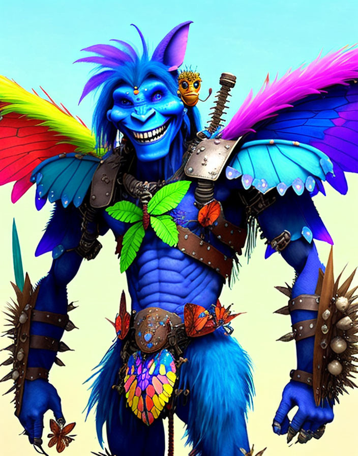 Colorful blue creature with feathered wings and mechanical elements next to an orange figure