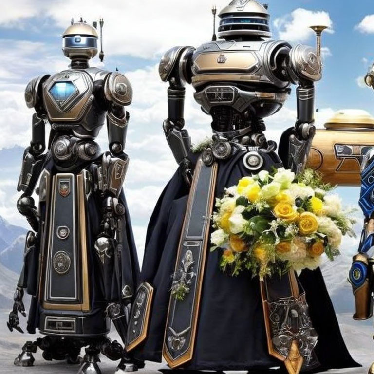 Elegant humanoid robots with floral bouquet in mountainous setting