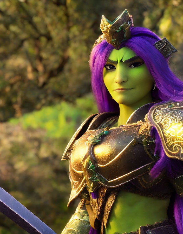 Fantasy character with purple hair, green skin, golden armor, and crown in nature.