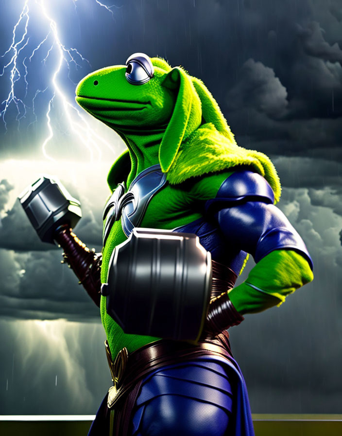 Frog superhero with hammer and cape under stormy sky