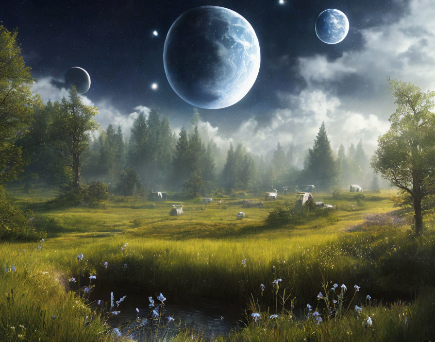 Tranquil meadow with grazing cows under starry sky and large planets.