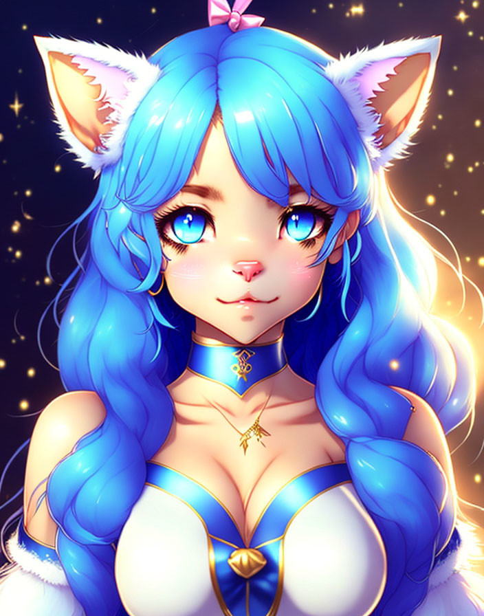 Anime-style character with blue hair and cat ears on starry background