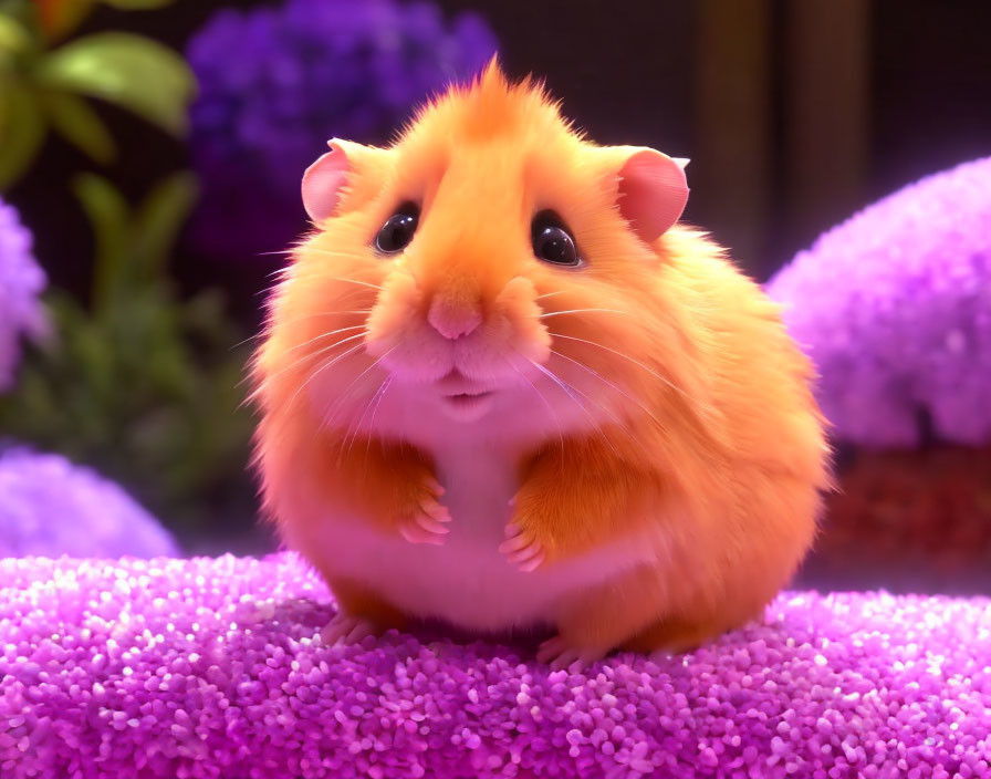 Fluffy Orange Hamster on Purple Surface with Flowers