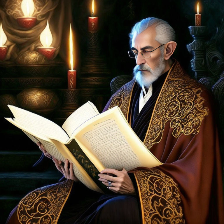 Elderly bearded man in ornate robes reading a large book by candlelight