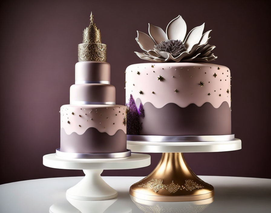 Elegant tiered cakes with purple and gold accents on stands