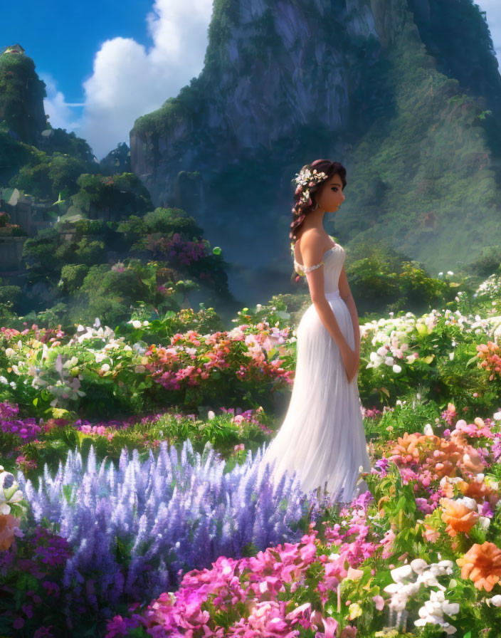 Woman in white dress in vibrant flower garden with mountains and mist.