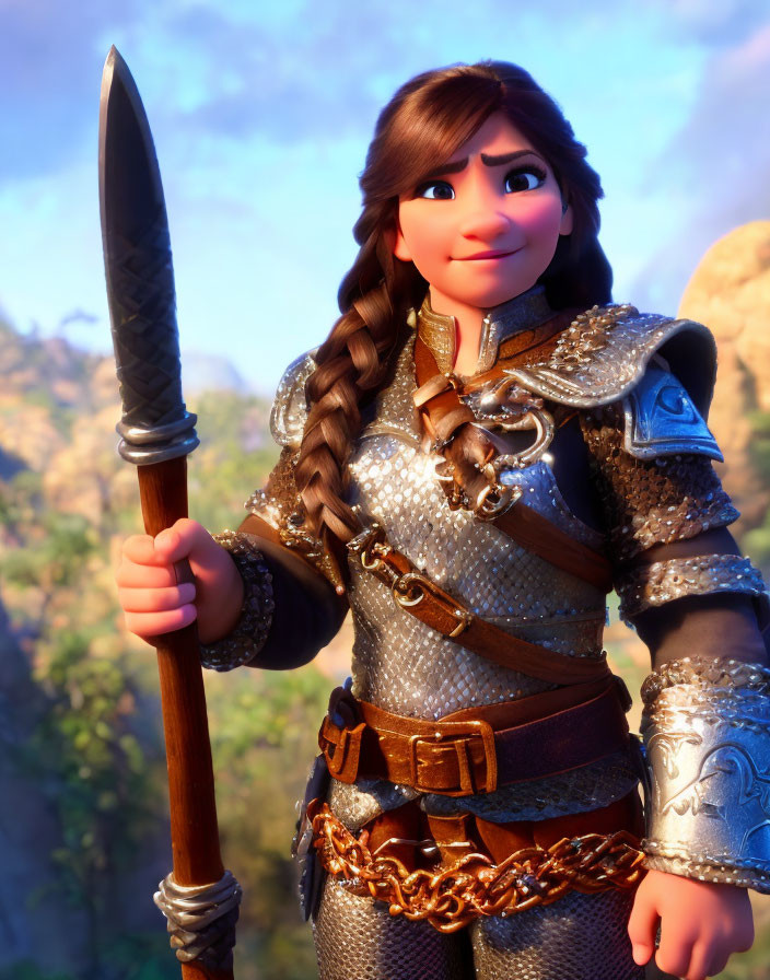 Brown-haired character in braid with detailed armor holding spear in 3D animation