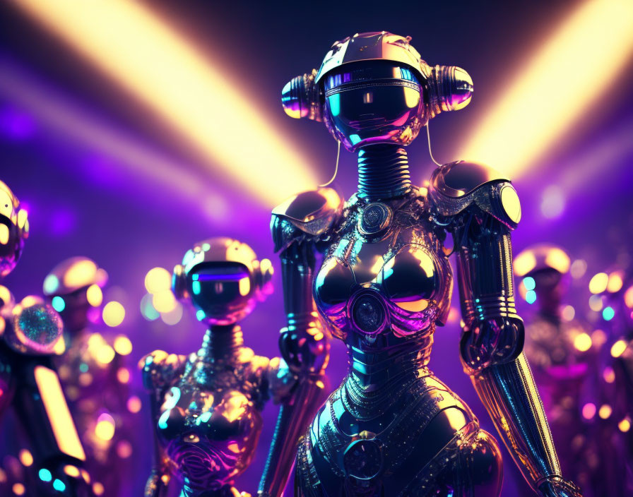 Futuristic robot with reflective surfaces and complex joints among robots under purple and yellow lights