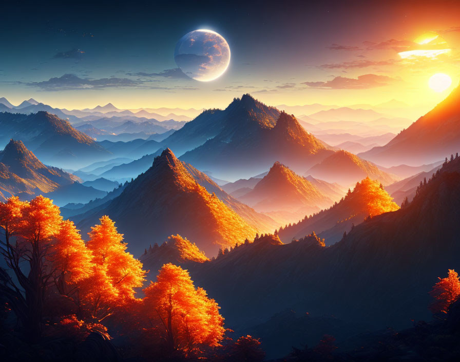 Surreal landscape with orange trees, layered mountains, setting sun, and large moon