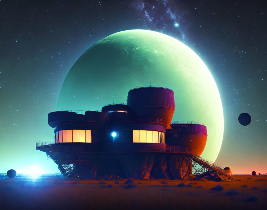 Futuristic observatory under starlit sky with green planet & celestial bodies.