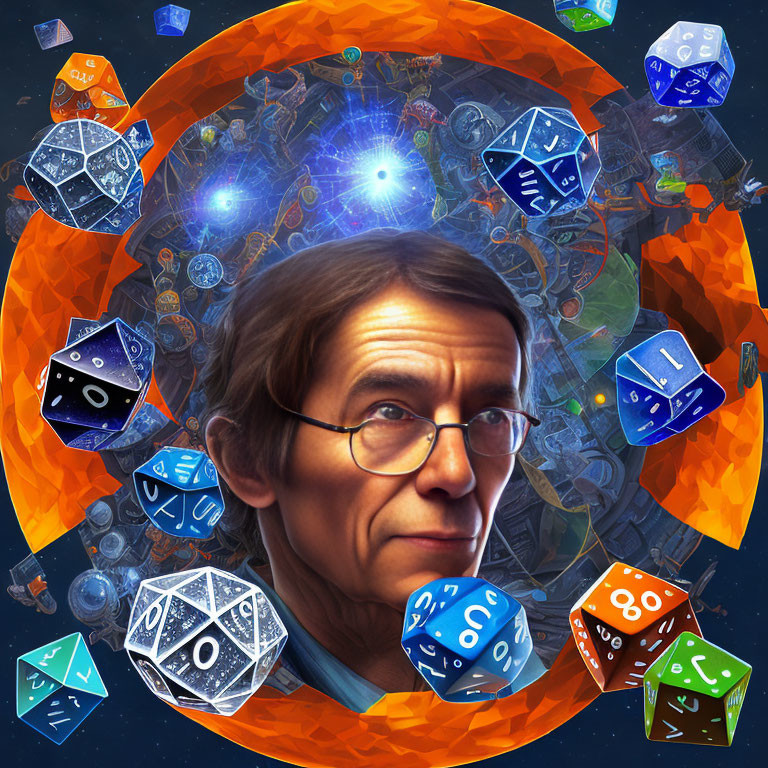 Colorful digital artwork: Man with glasses, polyhedral dice, mechanical gears in cosmic setting