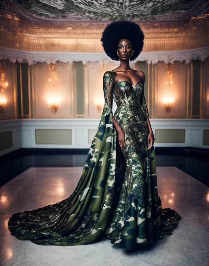 Striking afro in green and black camouflage dress