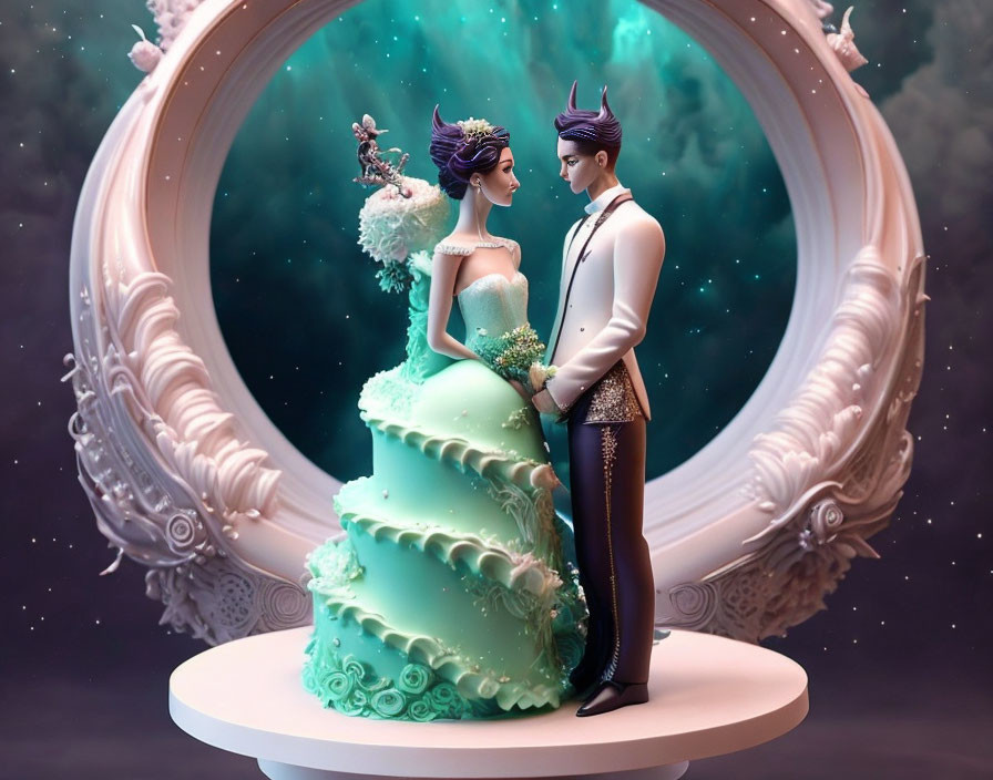 Fantasy Style Bride and Groom Wedding Cake Topper with Celestial Background