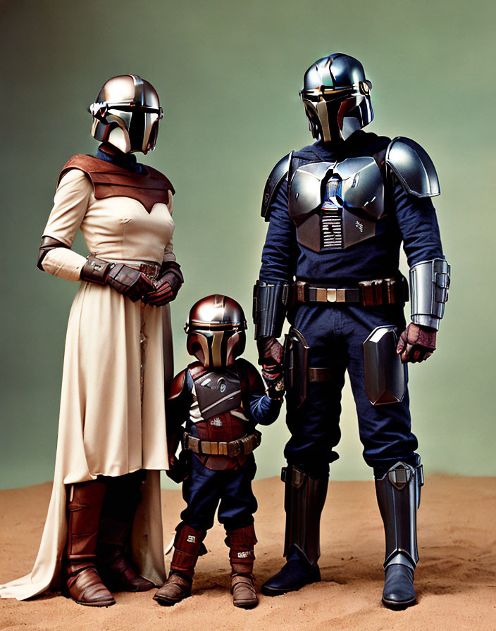 Family of Three in Mandalorian Armor Standing by Size