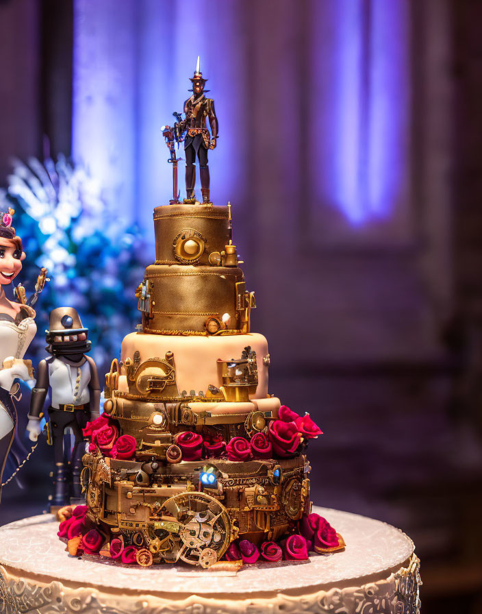 Steampunk-themed wedding cake with metallic gears, red roses, and character figurines