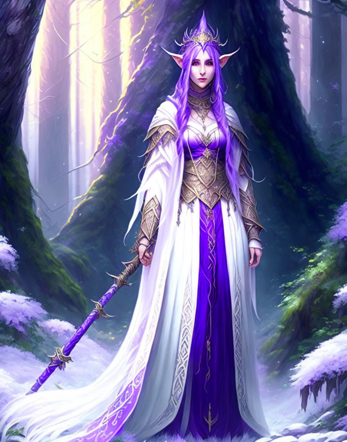 Purple-haired elf in gold and white robes with staff in mystical forest