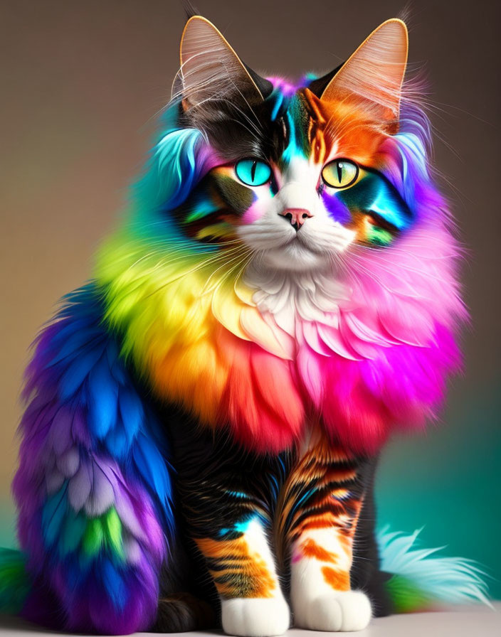 Digitally-enhanced multicolored cat with rainbow fur and sharp blue-green eyes on soft background