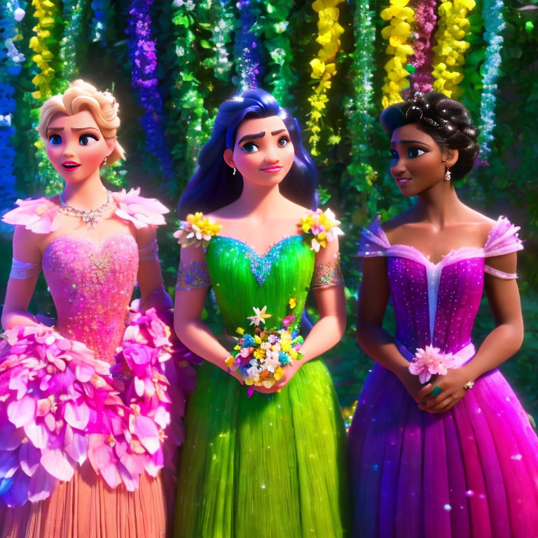 Vibrant garden scene with three animated princesses in floral dresses