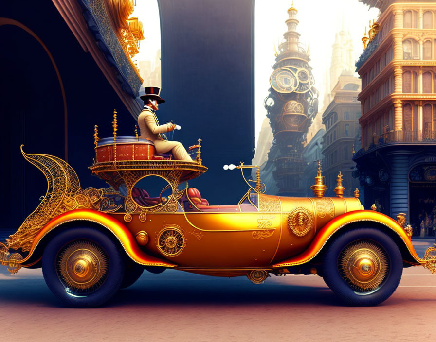 Steampunk-style cityscape with individual in top hat on golden ornate car