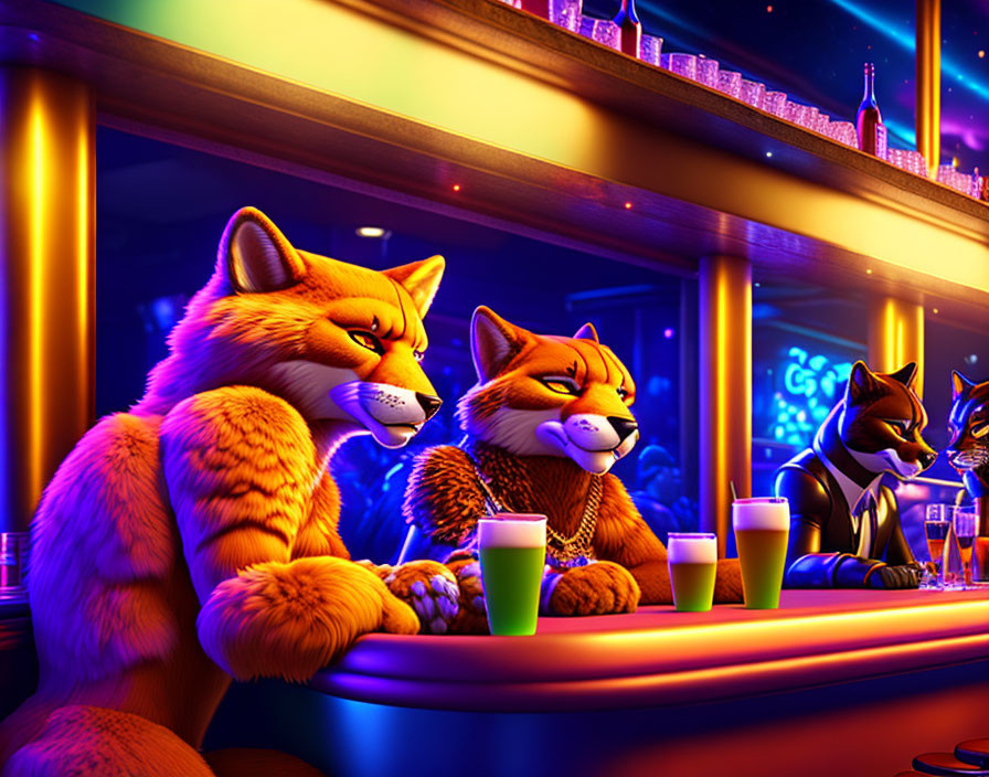 Colorful anthropomorphic animals at neon-lit bar