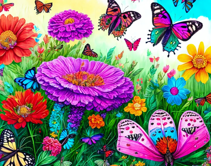 Colorful Flowers and Butterflies in Intricate Patterns on Bright Background