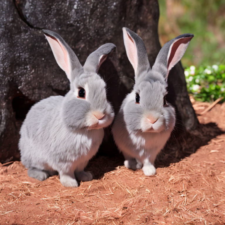 Two gray rabbits with upright ears sitting beside a tree trunk on a bed of straw