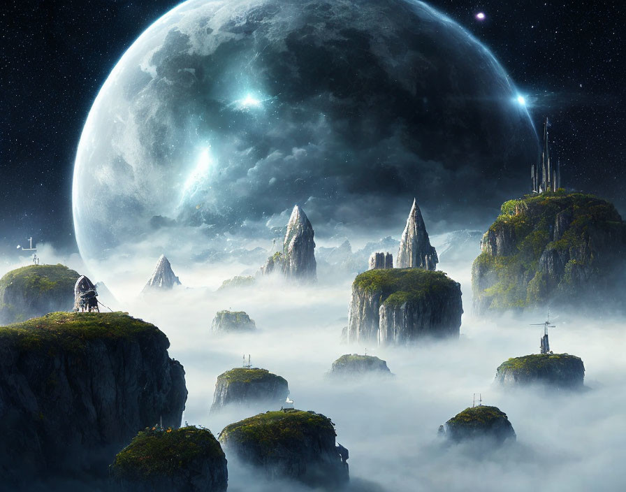 Majestic fantasy landscape with towering rock pillars, structures, clouds, and large moon.