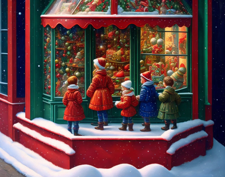 Four Children Admiring Christmas Ornaments in Shop Window