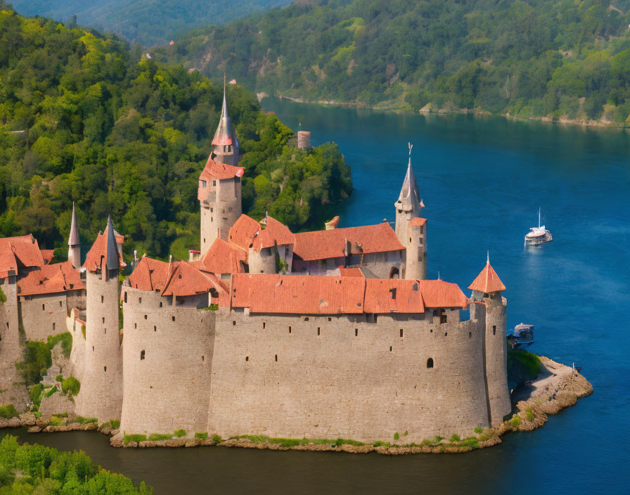 Medieval castle with spires by river and hills