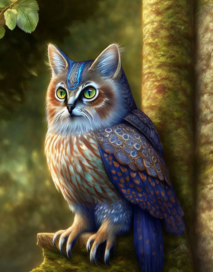 Mythical creature: Owl-bodied, feline-faced, vibrant blue and brown plumage, per