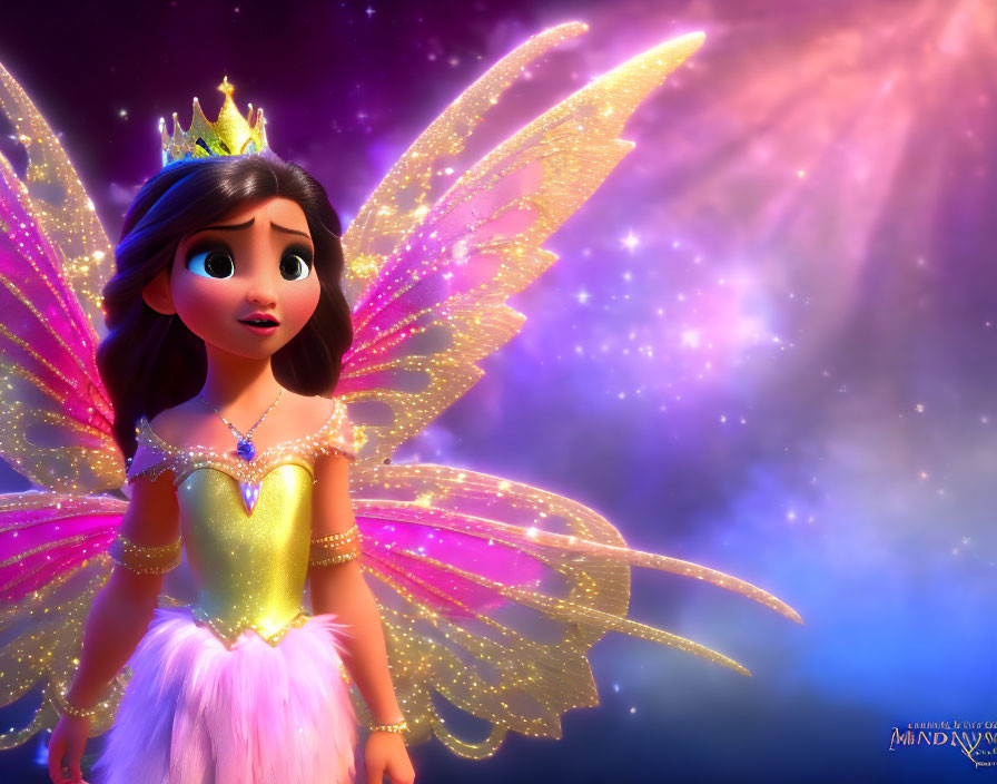 Animated fairy princess with glowing wings in heart dress on magical starry background